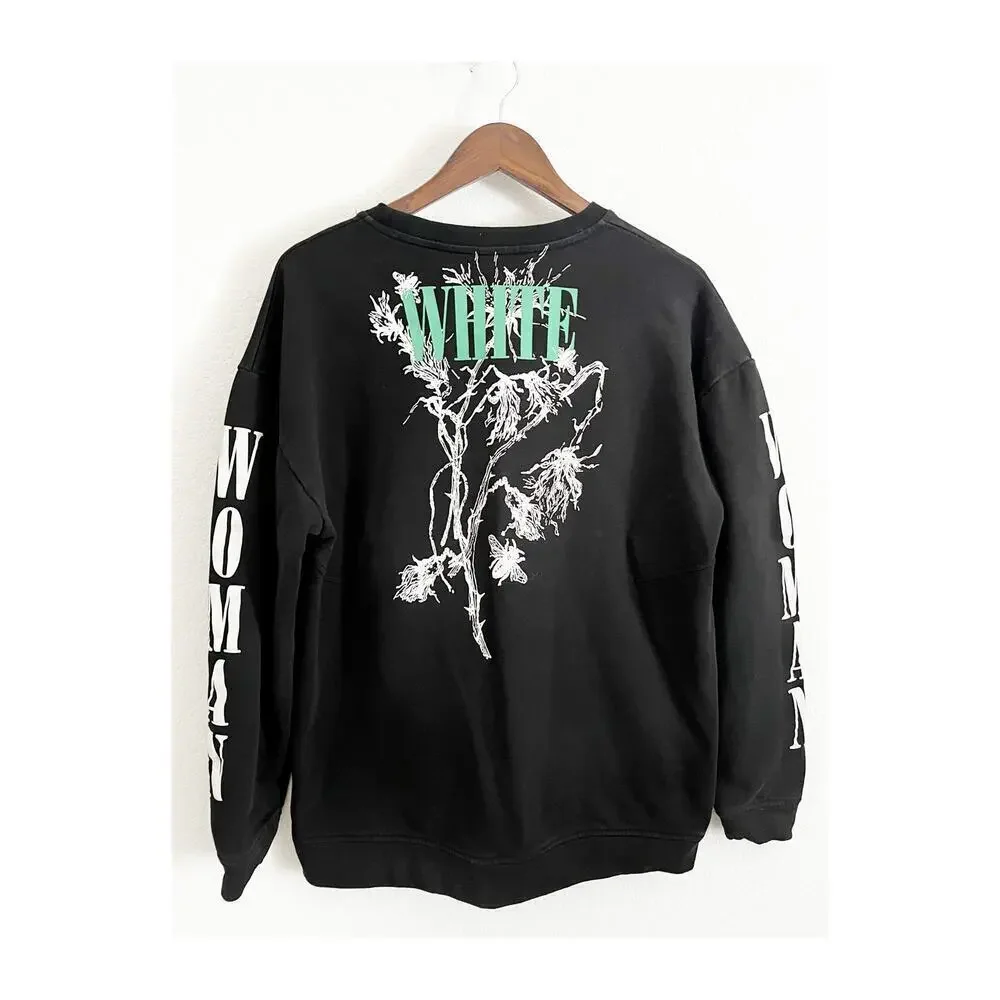 Off White Oversized Floral Logo Cotton Pullover Crewneck Sweatshirt Black Small
